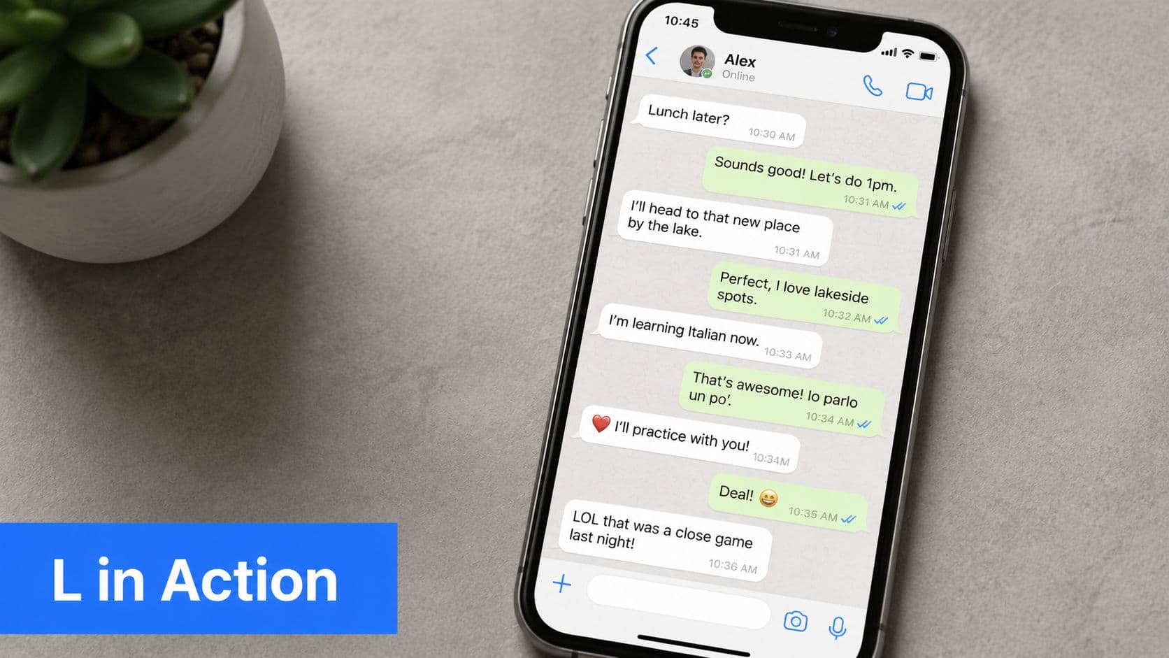 A smartphone screen displaying a messaging conversation with text bubbles on a textured grey desk surface.