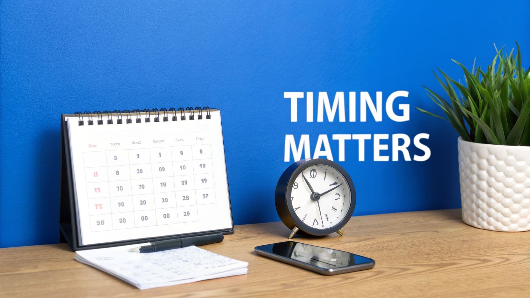 A desk with a calendar, alarm clock, smartphone, and notepad, set against a blue wall that reads 'TIMING MATTERS'.