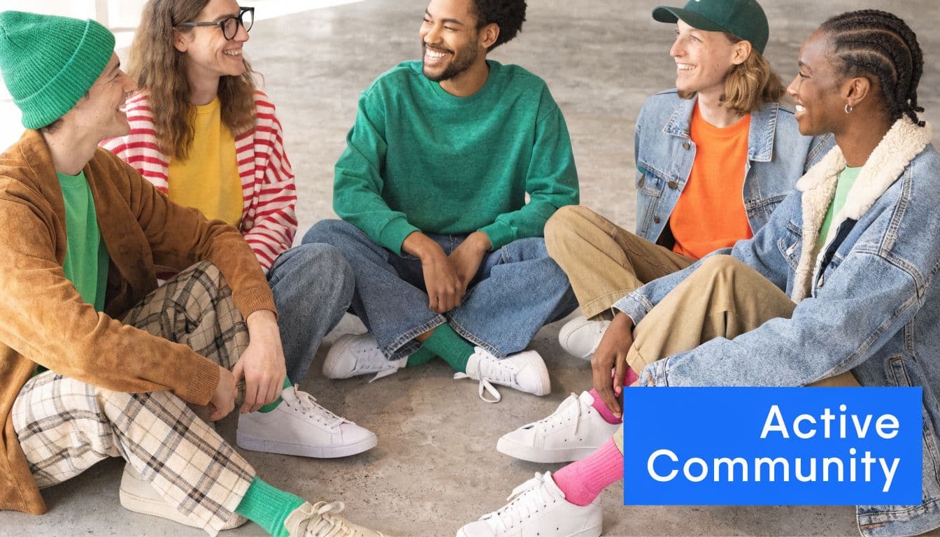 A diverse group of young adults sitting in a circle on the floor, laughing and engaging in conversation.