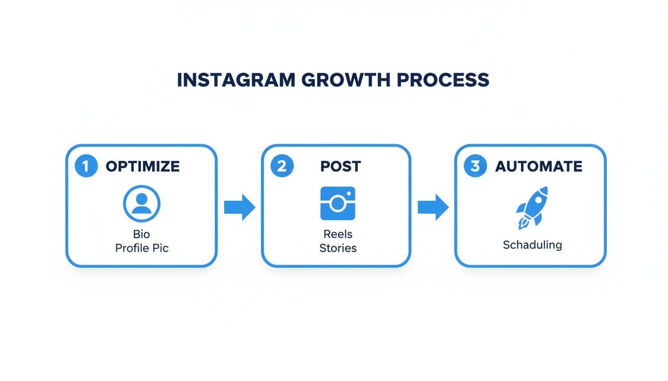 Diagram illustrating the three-step Instagram growth process: optimize profile, post content, and automate scheduling.