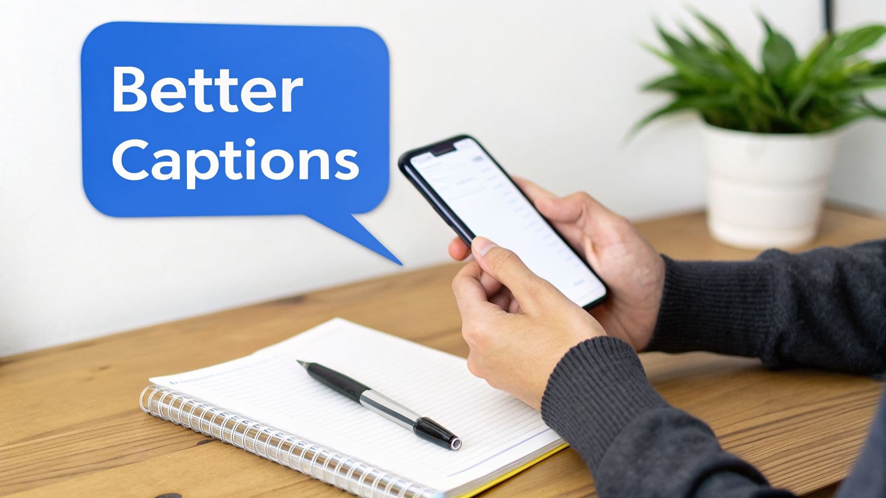 A person holds a smartphone on a wooden desk with a notebook and pen, next to a blue speech bubble saying 'Better Captions'.