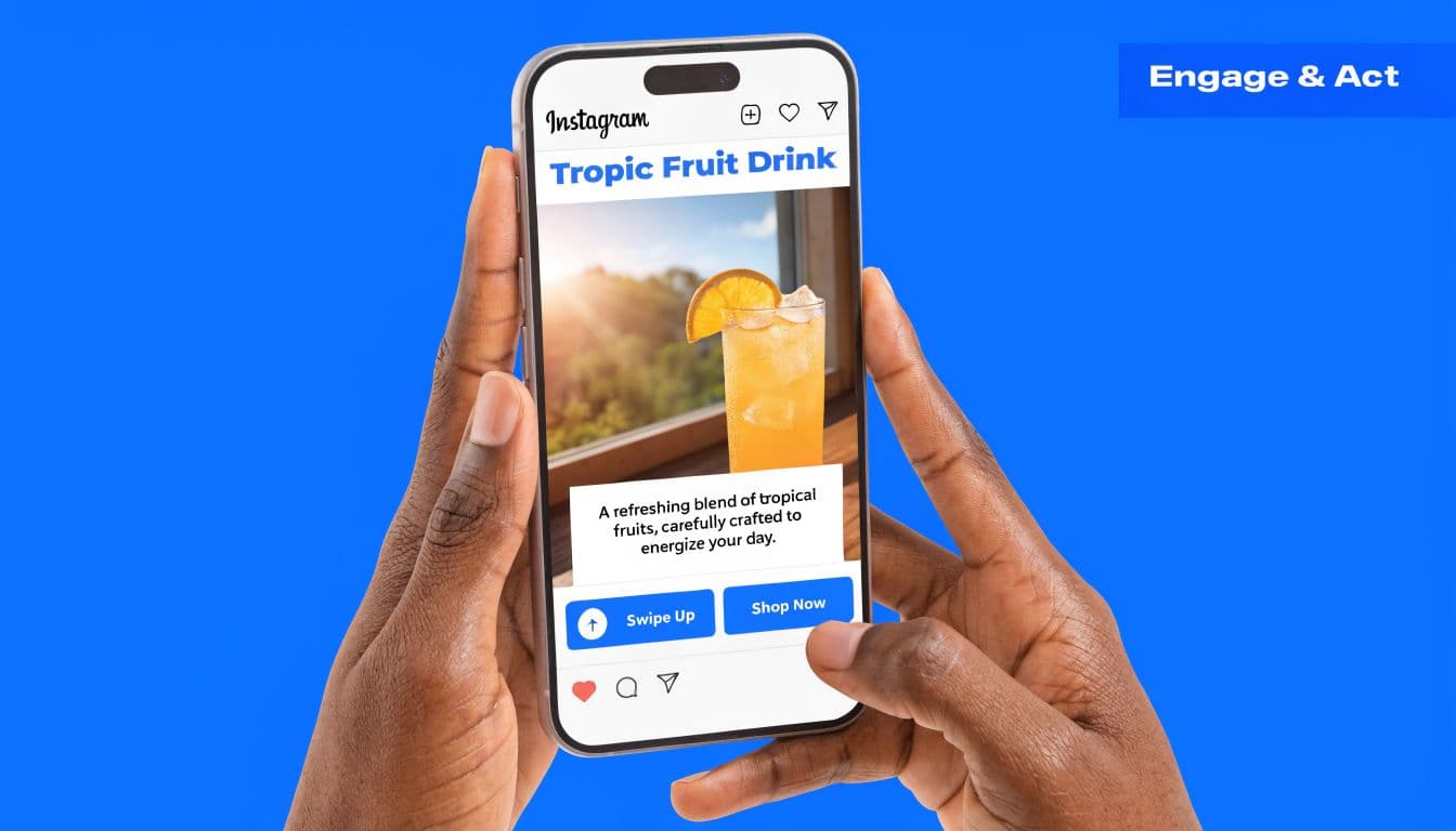 A person holding a smartphone showing an Instagram advertisement for a refreshing tropical fruit drink beverage.