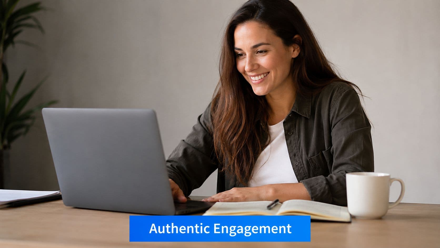A smiling woman sitting at a desk while working on her laptop for social network marketing tasks.