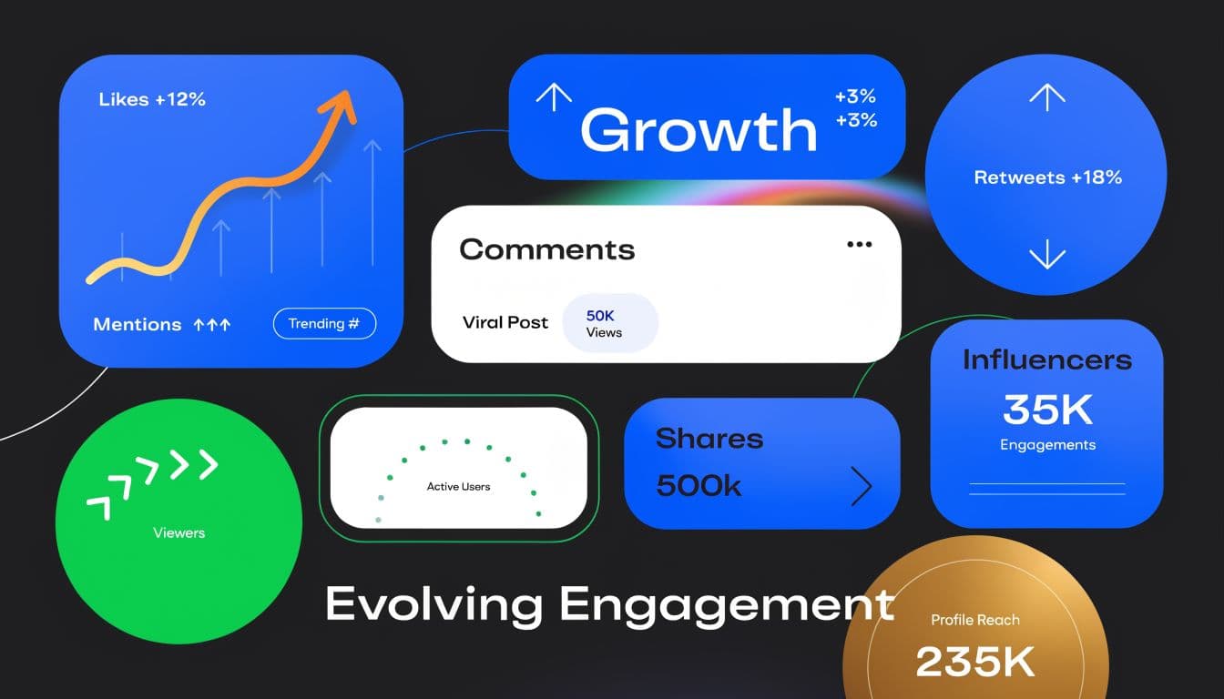A modern graphic dashboard showcasing various engagement metrics for social media growth and analytics analysis.