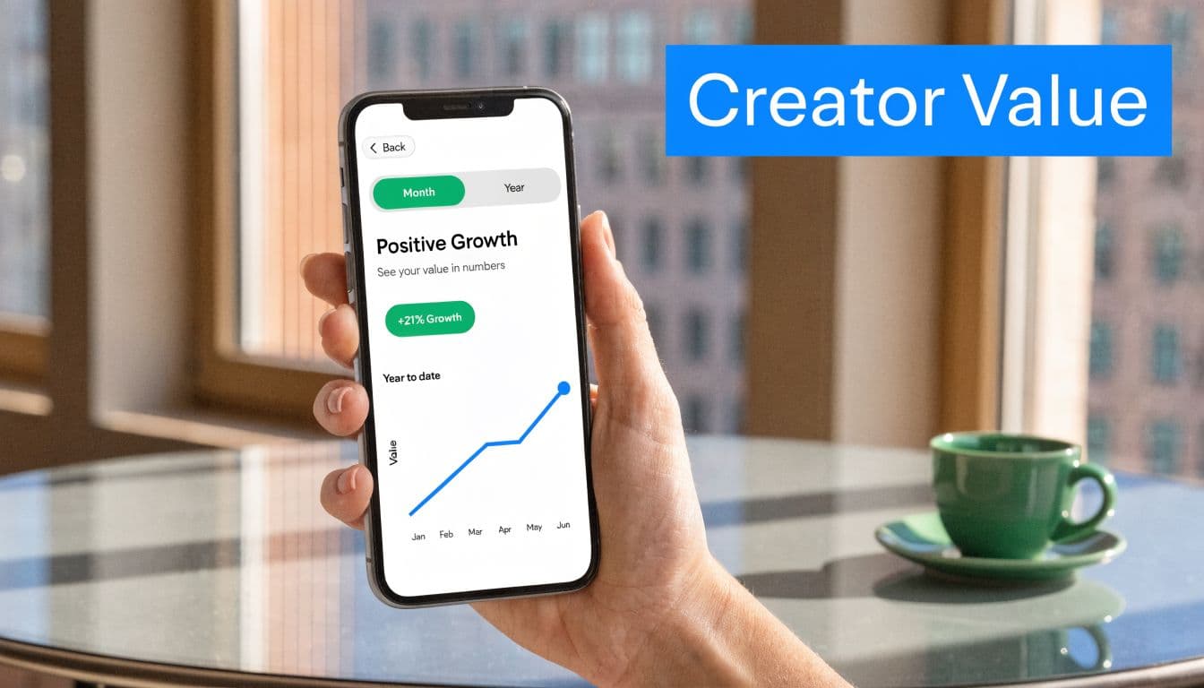 A hand holds a smartphone displaying a creator value analytics dashboard with positive growth statistics.