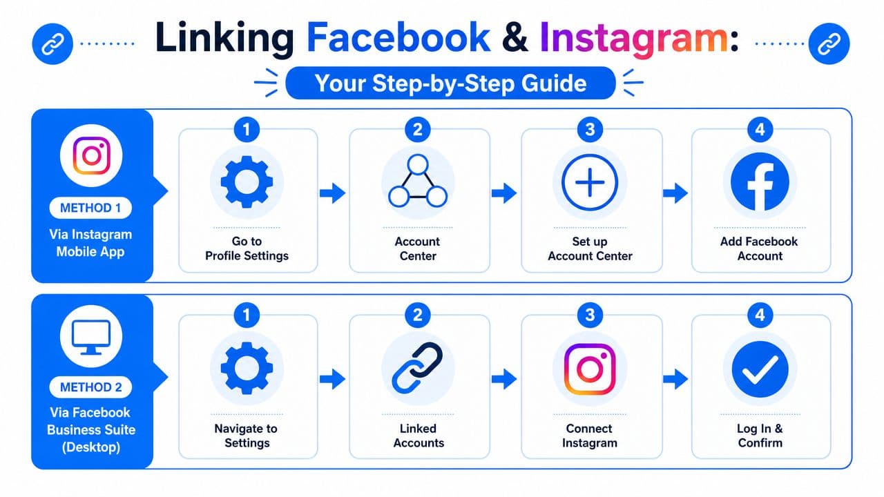 A step-by-step infographic showing how to link Facebook and Instagram accounts via mobile app or desktop.