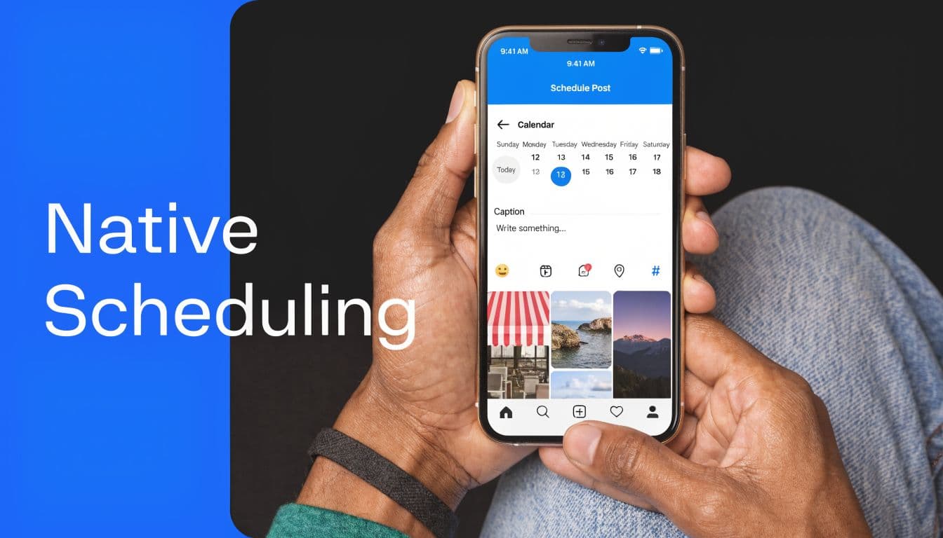 A person holding a smartphone showing an Instagram interface for scheduling a post on a calendar.