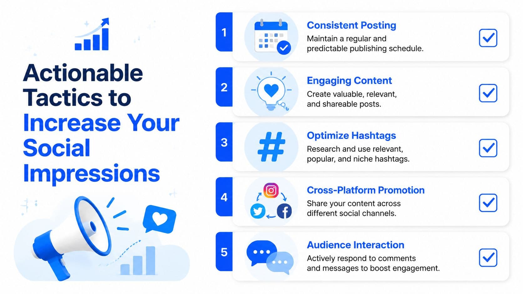 A list of five actionable tactics for increasing social media impressions, displayed with icons and descriptions.