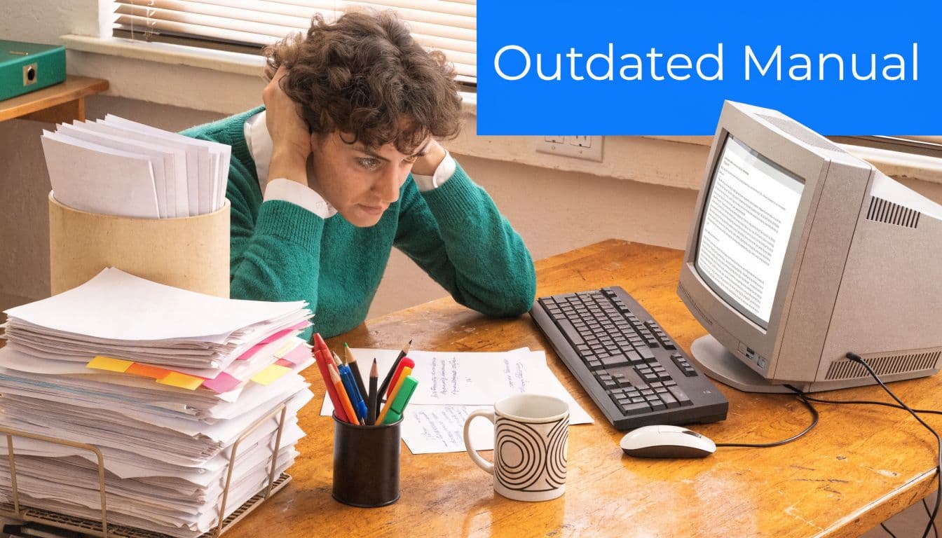 A person sitting at a messy desk looking stressed while reading an outdated manual on a computer.