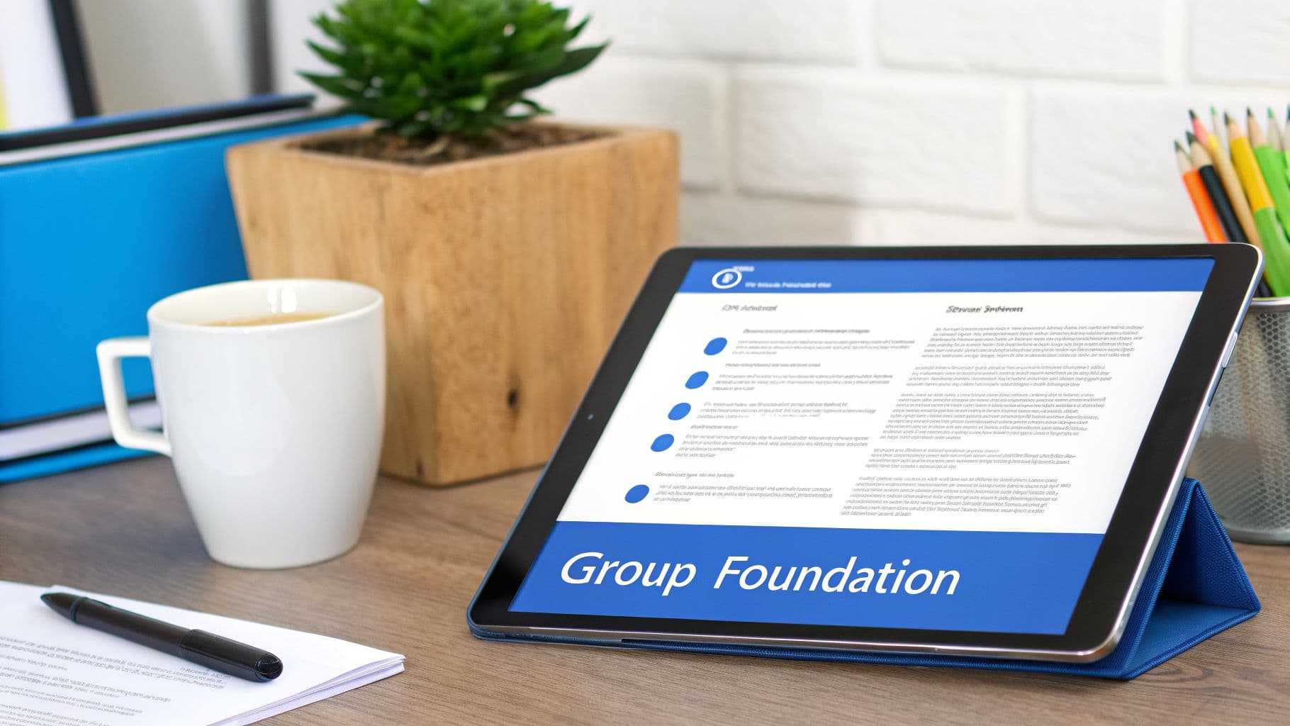 A professional workspace featuring a tablet displaying 'Group Foundation', a coffee cup, pen, and plant.