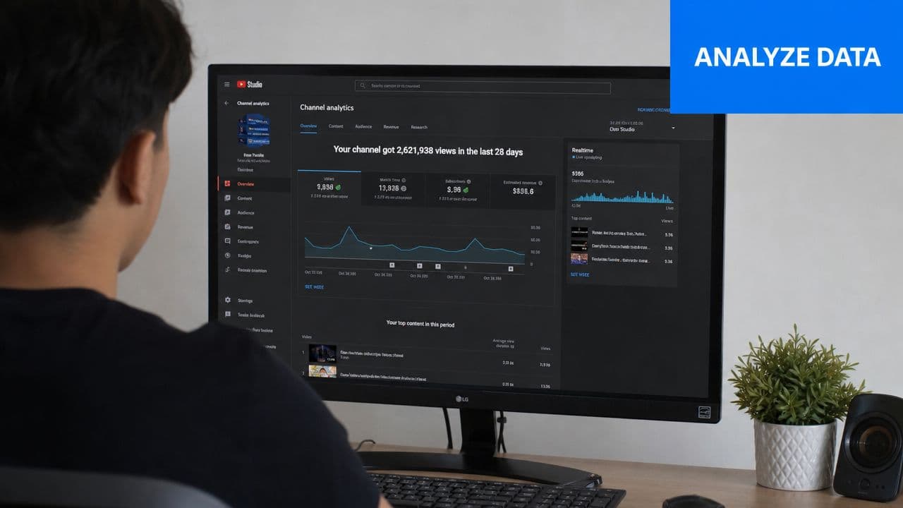 A creator reviewing channel performance data on a computer screen displaying YouTube Studio analytics dashboard.
