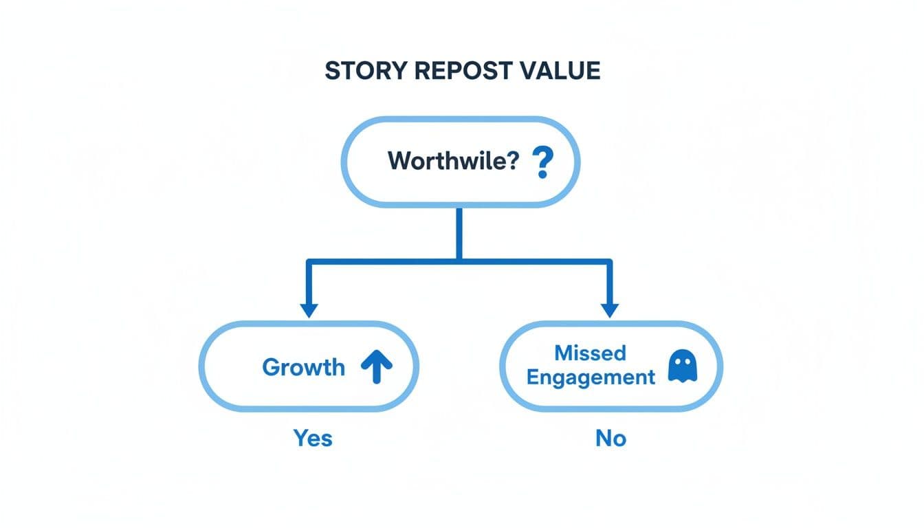 Flowchart explaining story repost value: Worthwhile? Yes leads to Growth; No leads to Missed Engagement.