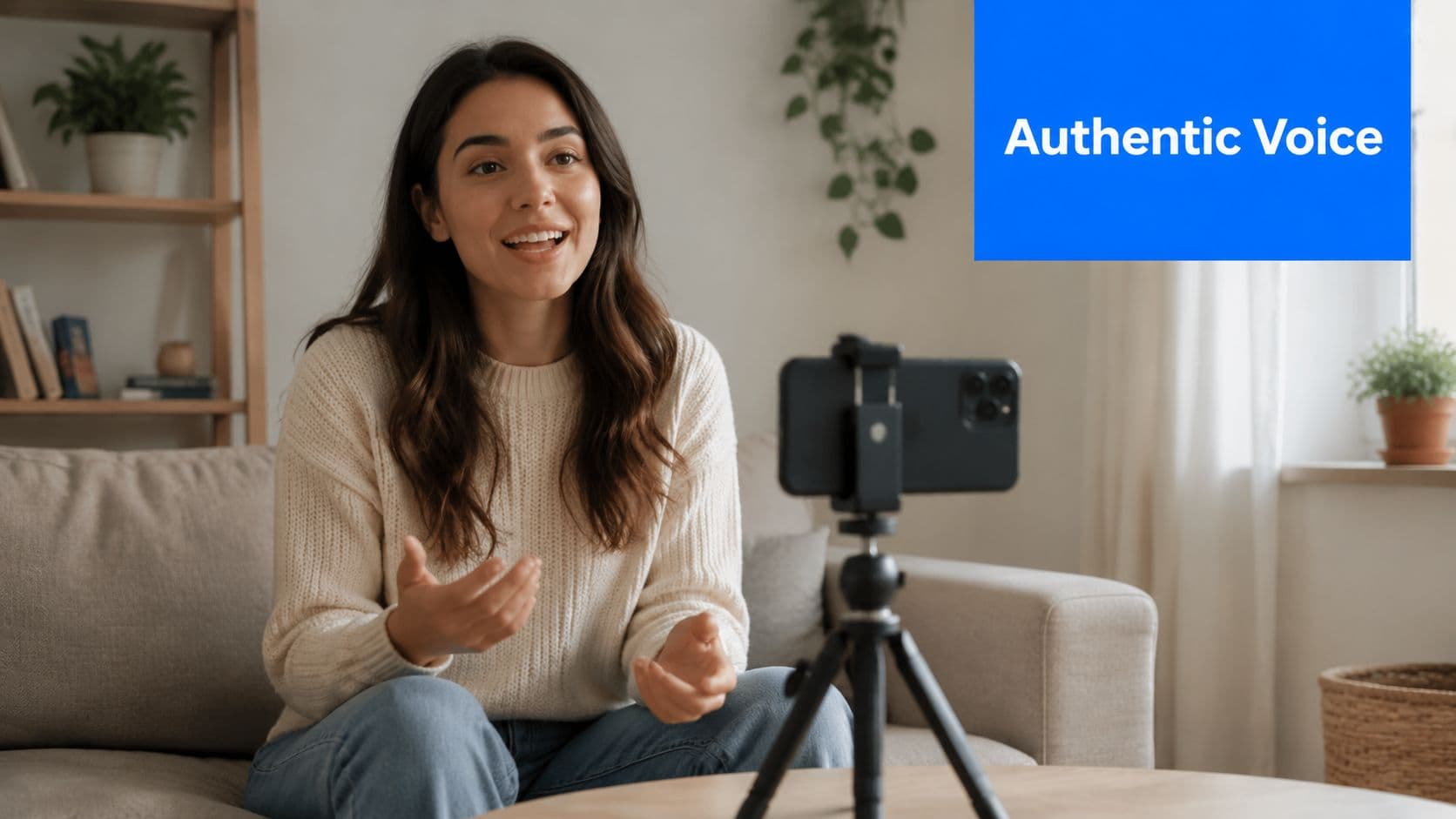 A smiling young woman recording a video for her followers using a smartphone on a tripod.