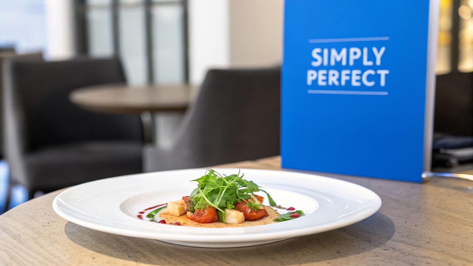 A gourmet dish with seared scallops, roasted tomatoes, and fresh rocket greens on a white plate.