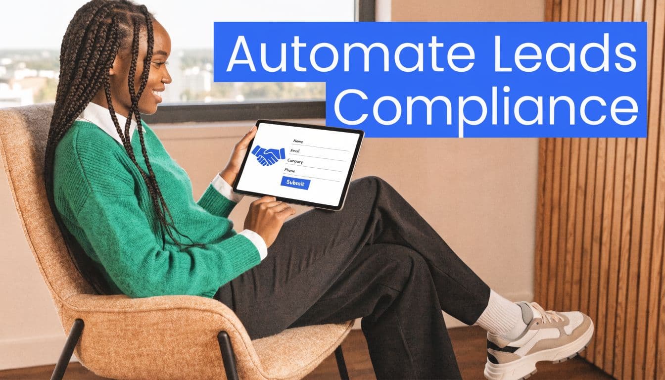 A woman smiling while holding a tablet that displays an online lead capture compliance form for businesses.
