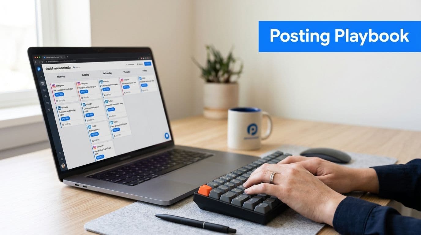 A professional working on a social media calendar on a laptop at a desk with a keyboard.