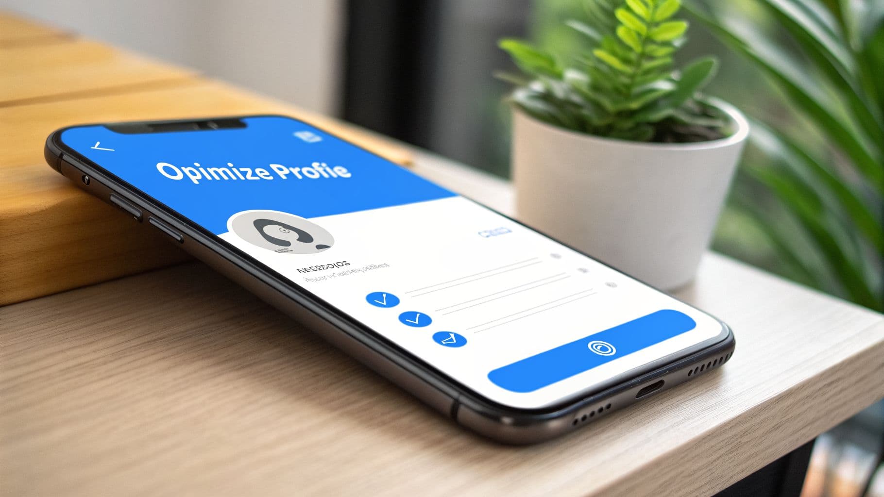 A smartphone displaying an 'Optimize Profile' screen rests on a wooden table next to a green plant.