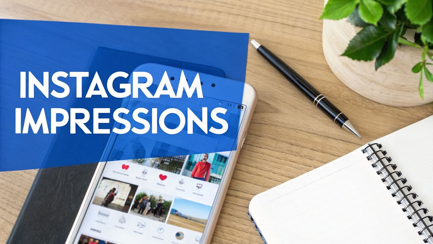 A smartphone displaying Instagram content on a wooden desk with a notepad, pen, and plant, featuring 'Instagram Impressions' text.