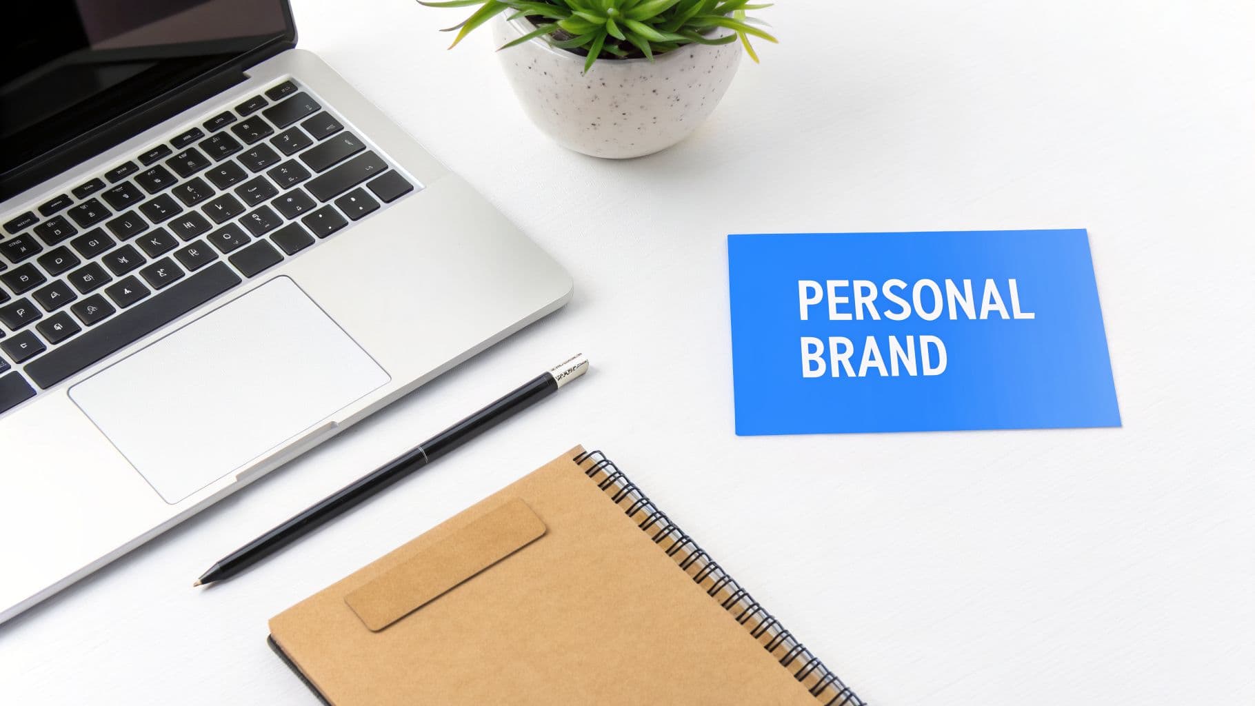 Overhead view of a laptop, pen, notebook, plant, and a blue card stating 'PERSONAL BRAND'.