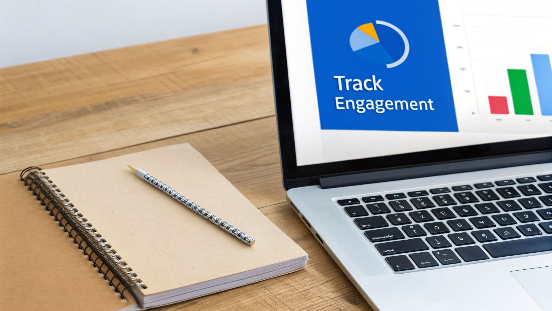 Laptop on a wooden desk showing "Track Engagement" data, with a spiral notebook and pencil.