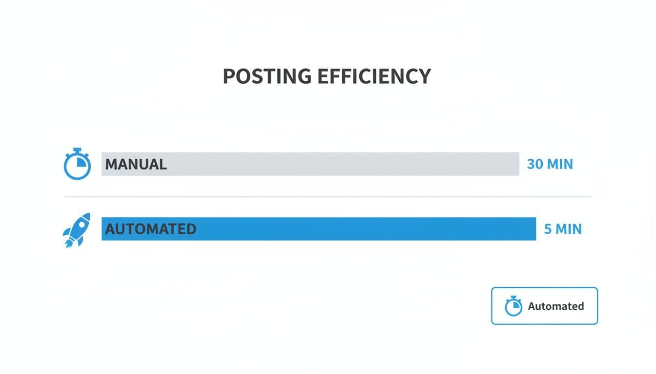 A bar chart showing 'Posting Efficiency' comparing manual (30 min) and automated (5 min) processes, demonstrating significant time savings.