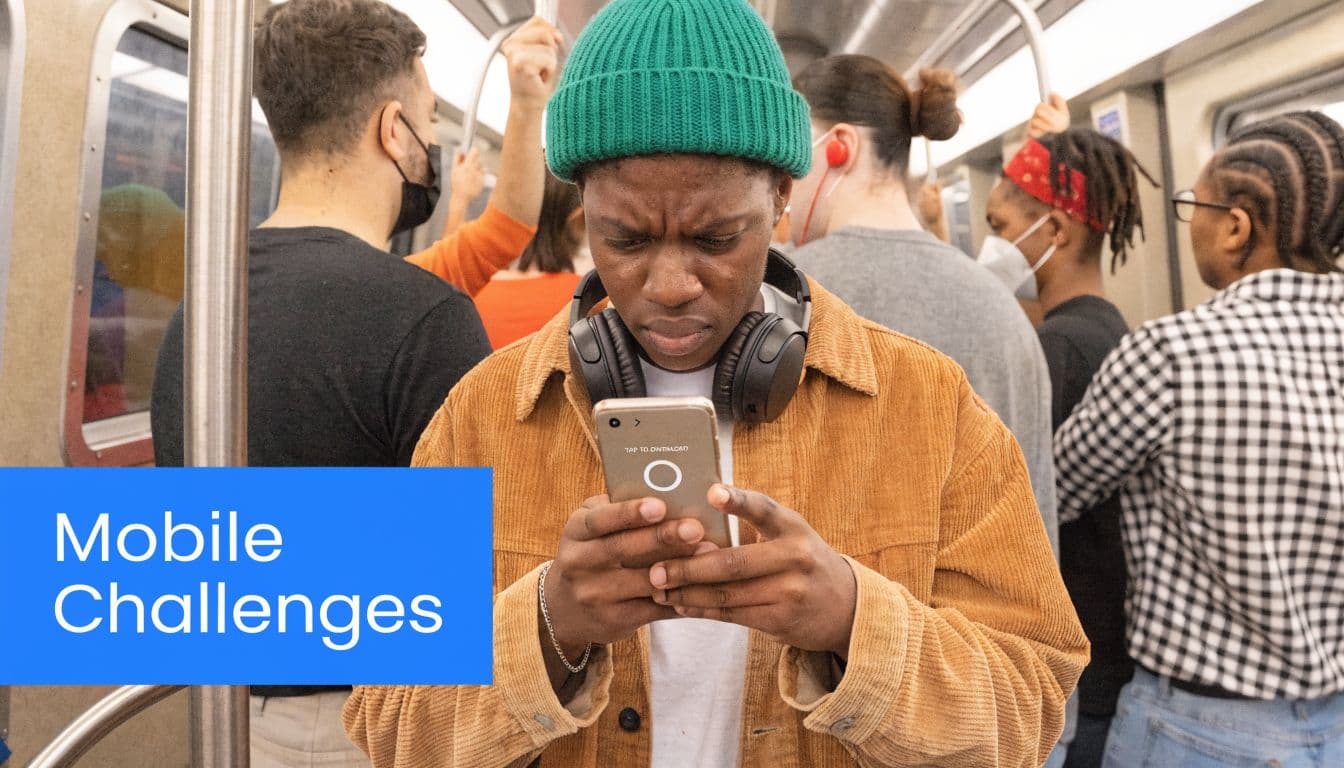 A focused young person wearing a green beanie uses a smartphone while riding a crowded subway train.