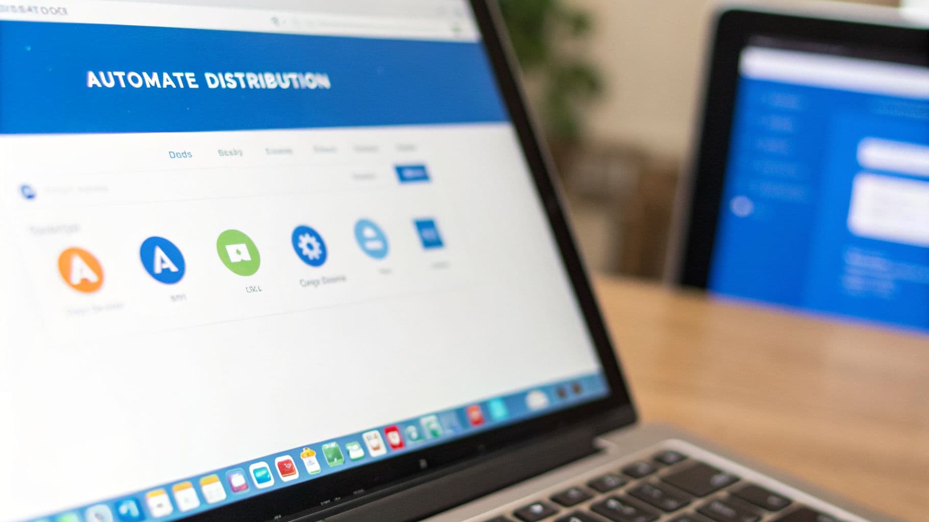 A close-up of a laptop screen displaying a web page with "AUTOMATE DISTRIBUTION" and application icons, with a blurred tablet in the background.