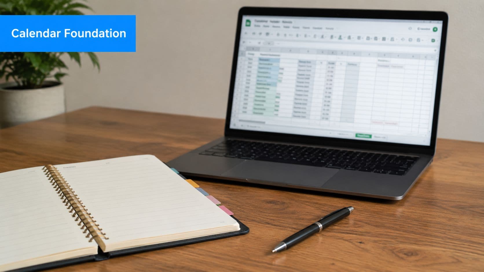 A laptop displaying a Google Sheets document next to a notebook and pen on a wooden desk.