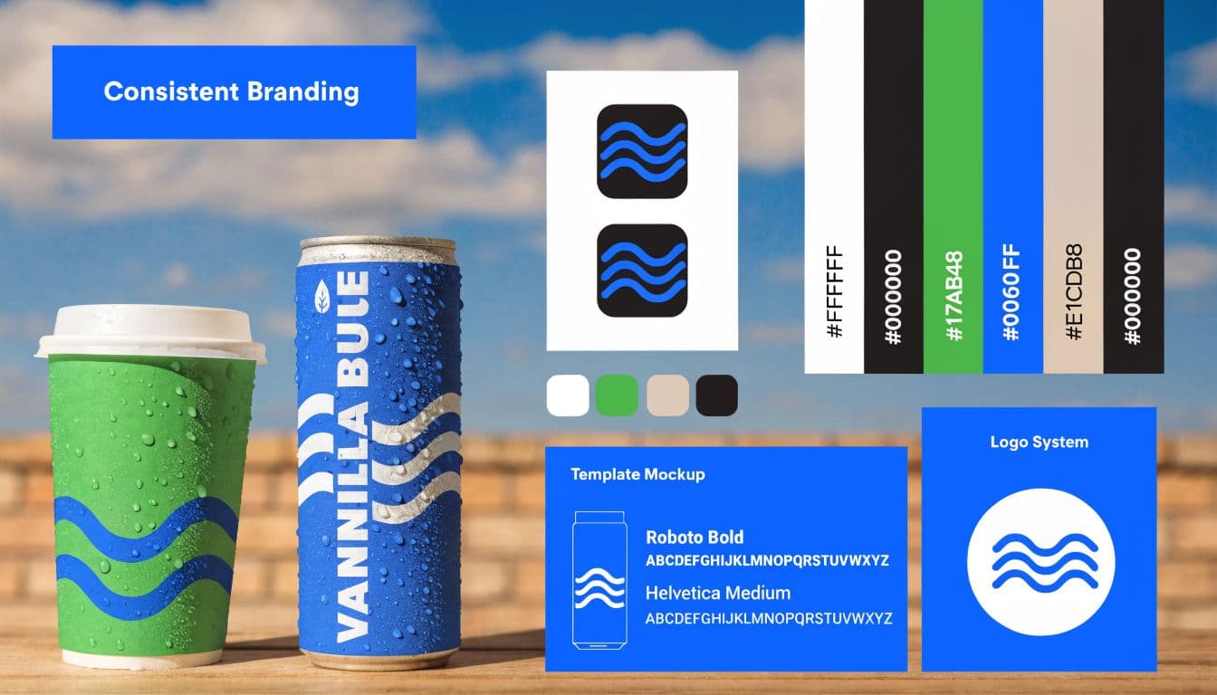 Branding presentation board featuring a coffee cup, soda can, logo designs, color palette, and typography specifications.