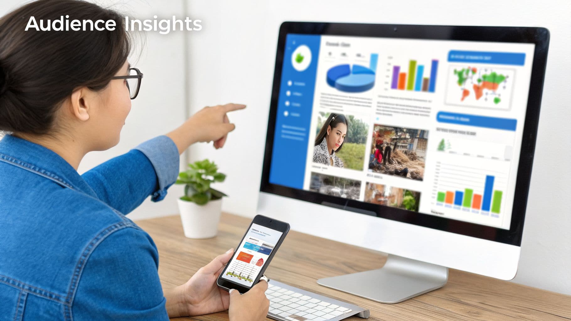 A person analyzing audience insights on a computer screen displaying charts, maps, and images, while holding a smartphone.