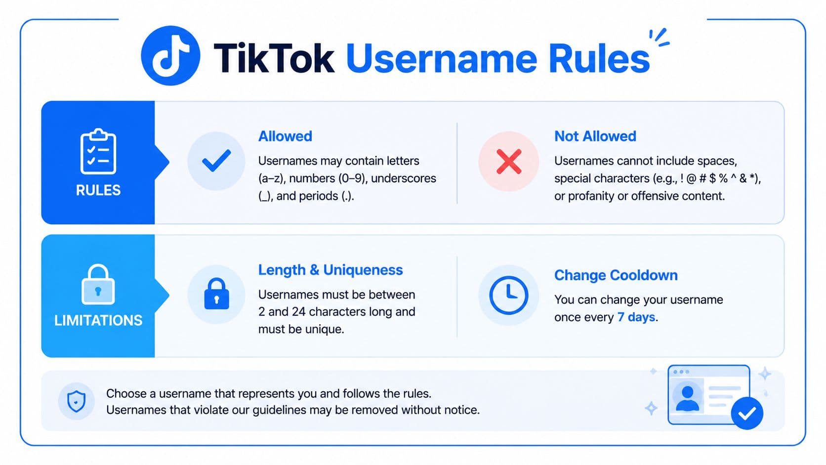 An infographic detailing TikTok username rules, including character restrictions, length limits, and the seven-day change cooldown period.
