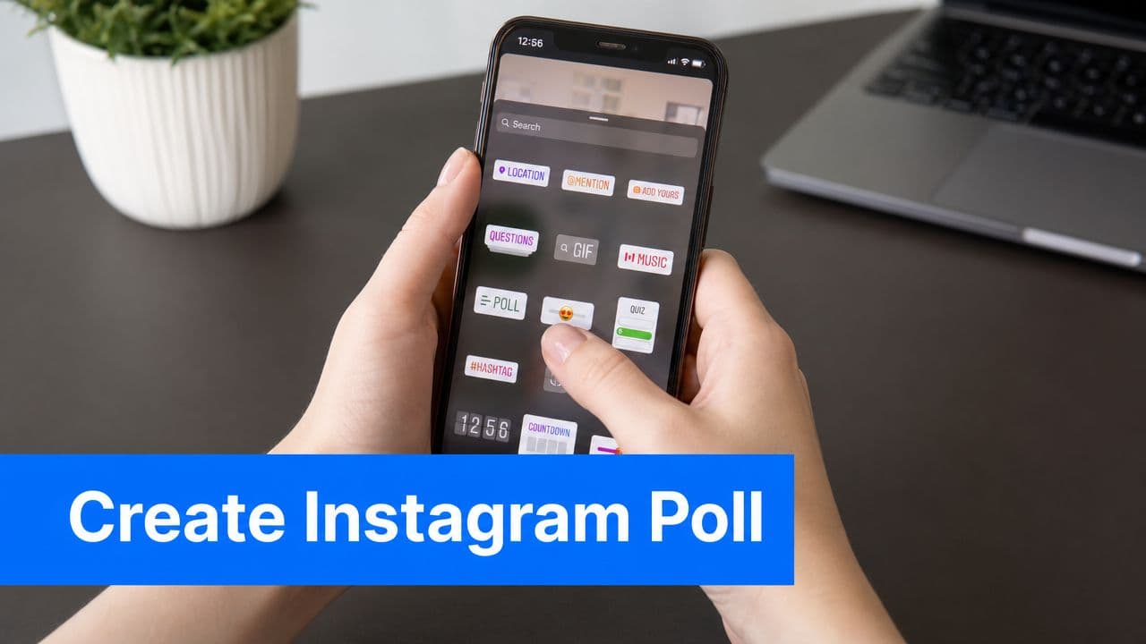 A person holding a smartphone and selecting the poll option from the Instagram story sticker menu.