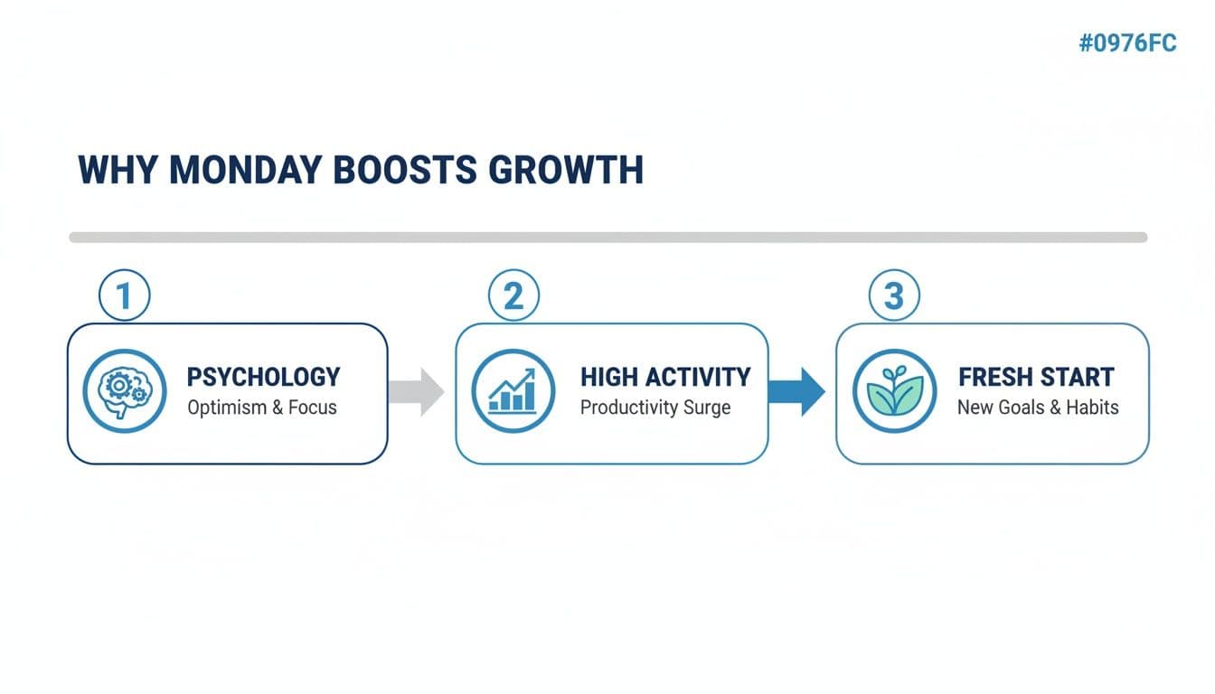 Flowchart illustrating why Mondays boost growth through psychology, high activity, and a fresh start.