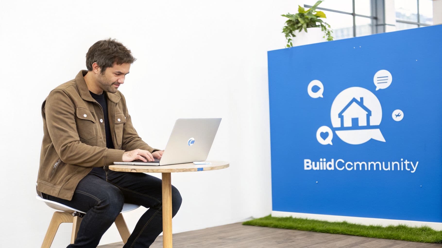 A man works on a laptop at a small table next to a "BuiidCommunity" logo on a blue wall.