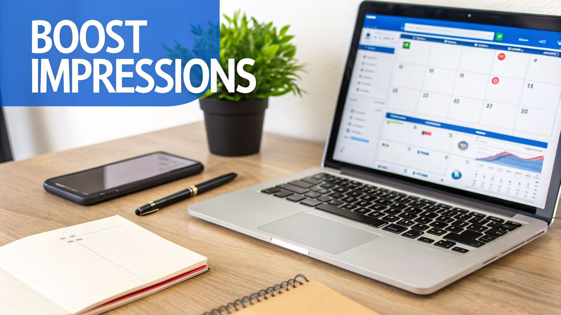 A desk with a laptop displaying a calendar and graphs, a phone, and notebooks, with 'BOOST IMPRESSIONS' text.