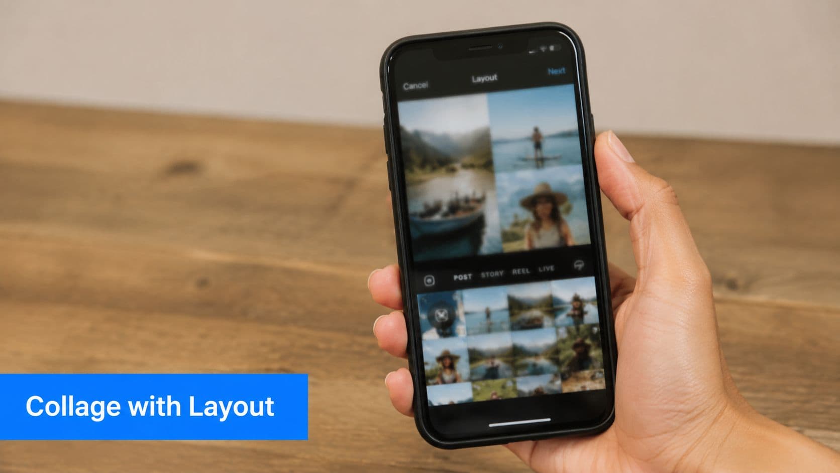 A person holding a smartphone showing an Instagram story layout collage screen on the display.