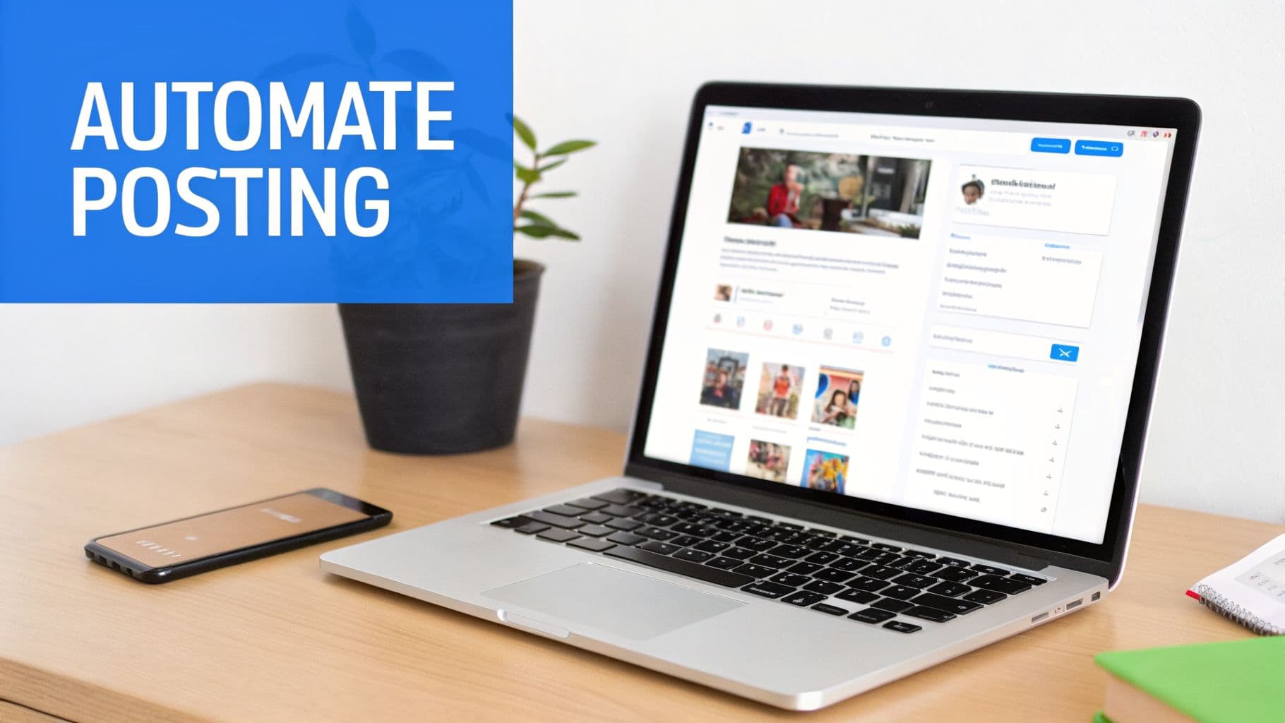 A laptop on a wooden desk displays a social media feed, next to a smartphone and a plant. Overlay text reads 'AUTOMATE POSTING'.