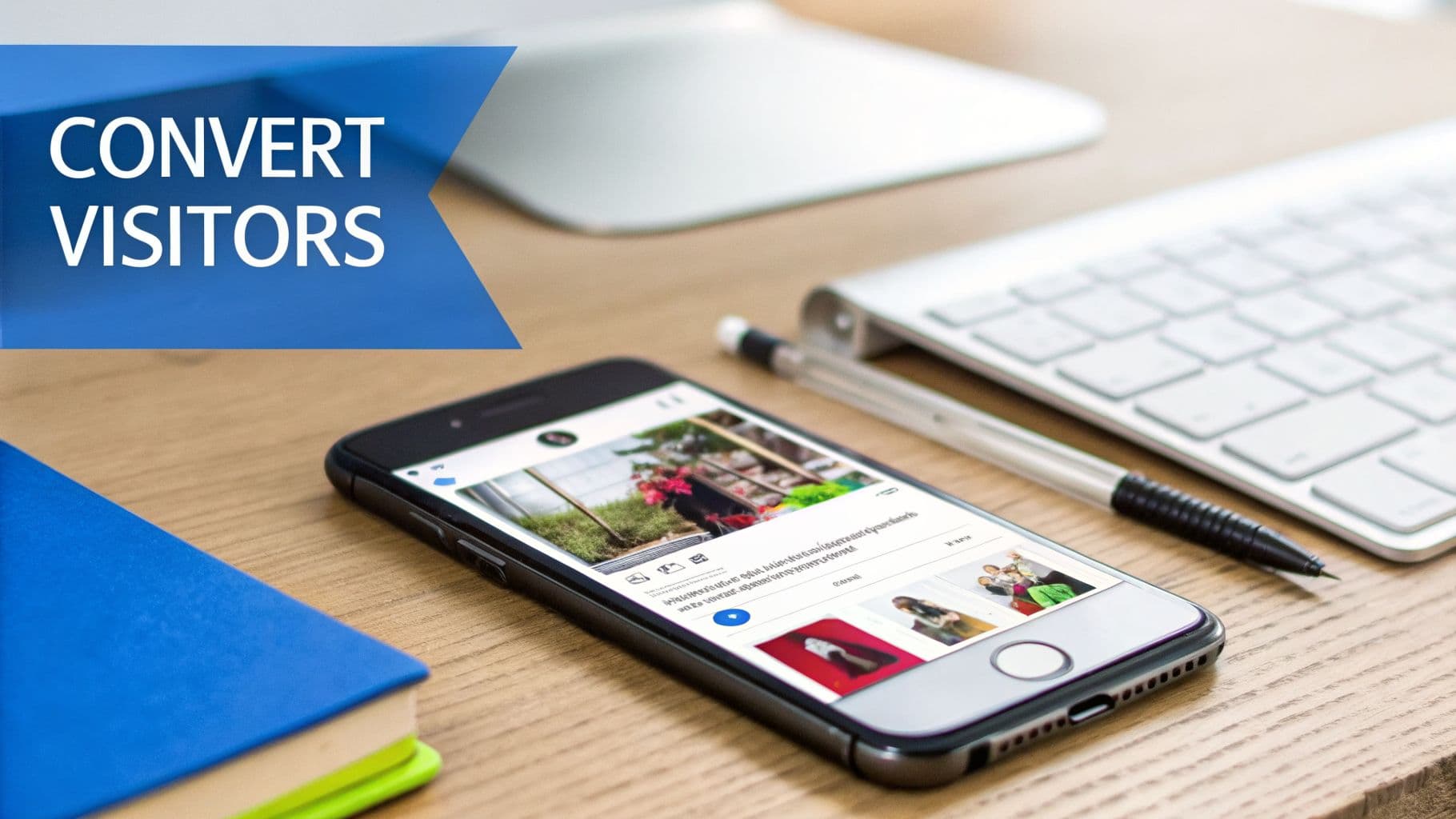 Mobile phone on a wooden desk displaying online content, with a keyboard, pen, and notebook. Text: 'CONVERT VISITORS'.