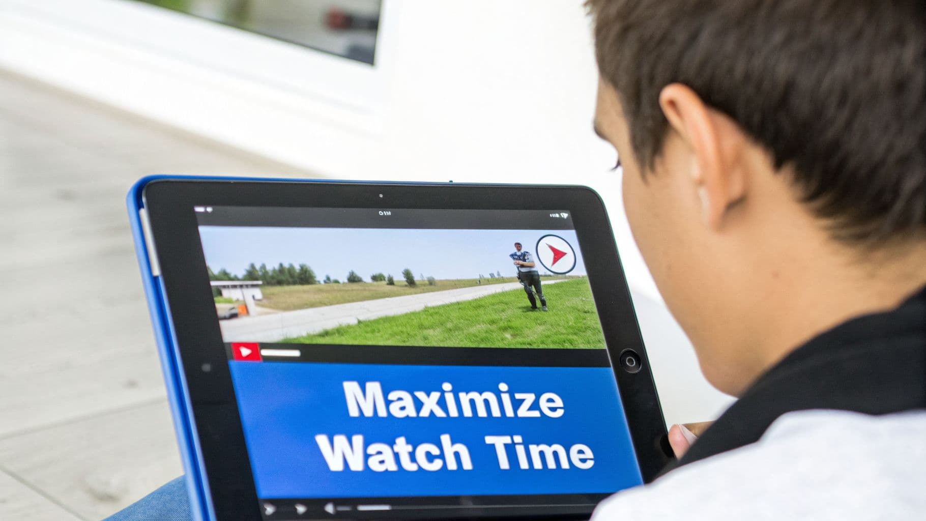 A person watches a video on a tablet, displaying "Maximize Watch Time" and a play button.