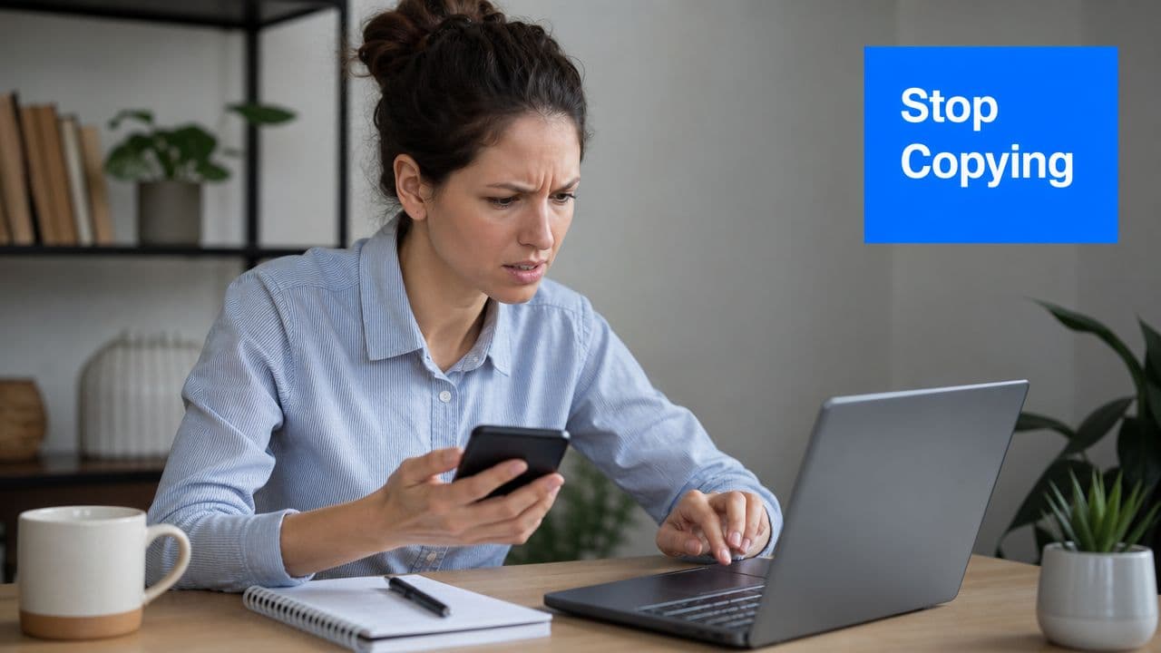 A focused woman looking frustrated while using her smartphone and laptop for work at a desk.