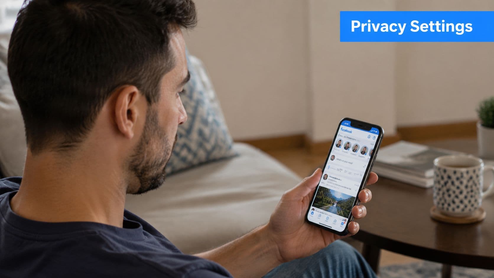 A man sitting on a couch holding his smartphone and viewing the Facebook social media application interface.