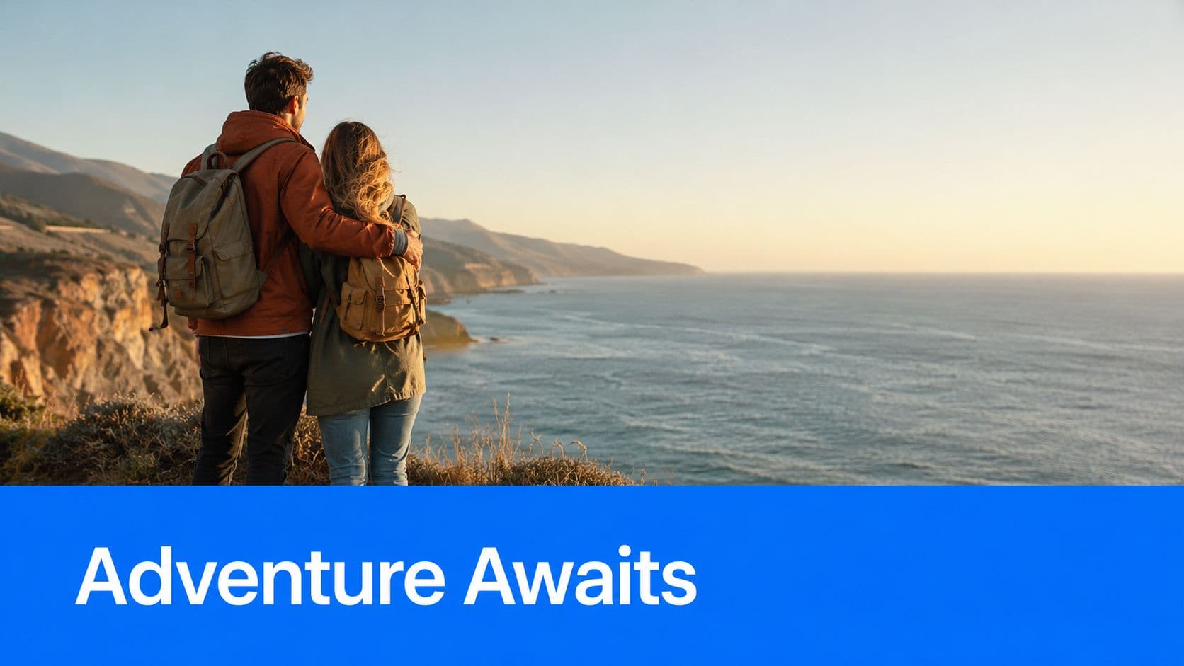 A couple wearing backpacks stands on a coastal cliff overlooking the ocean at sunset.