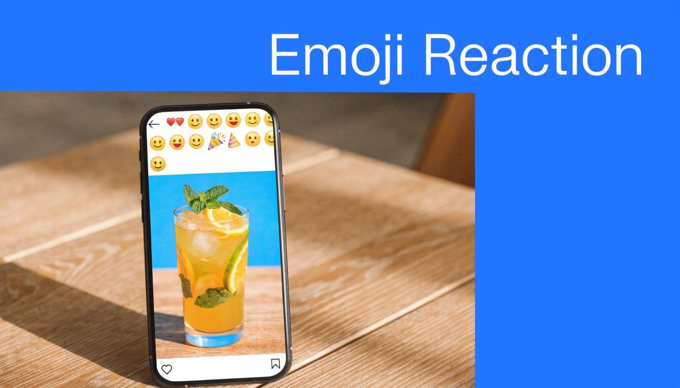 A smartphone display showing a cocktail photo with a row of various emoji reactions at the top.