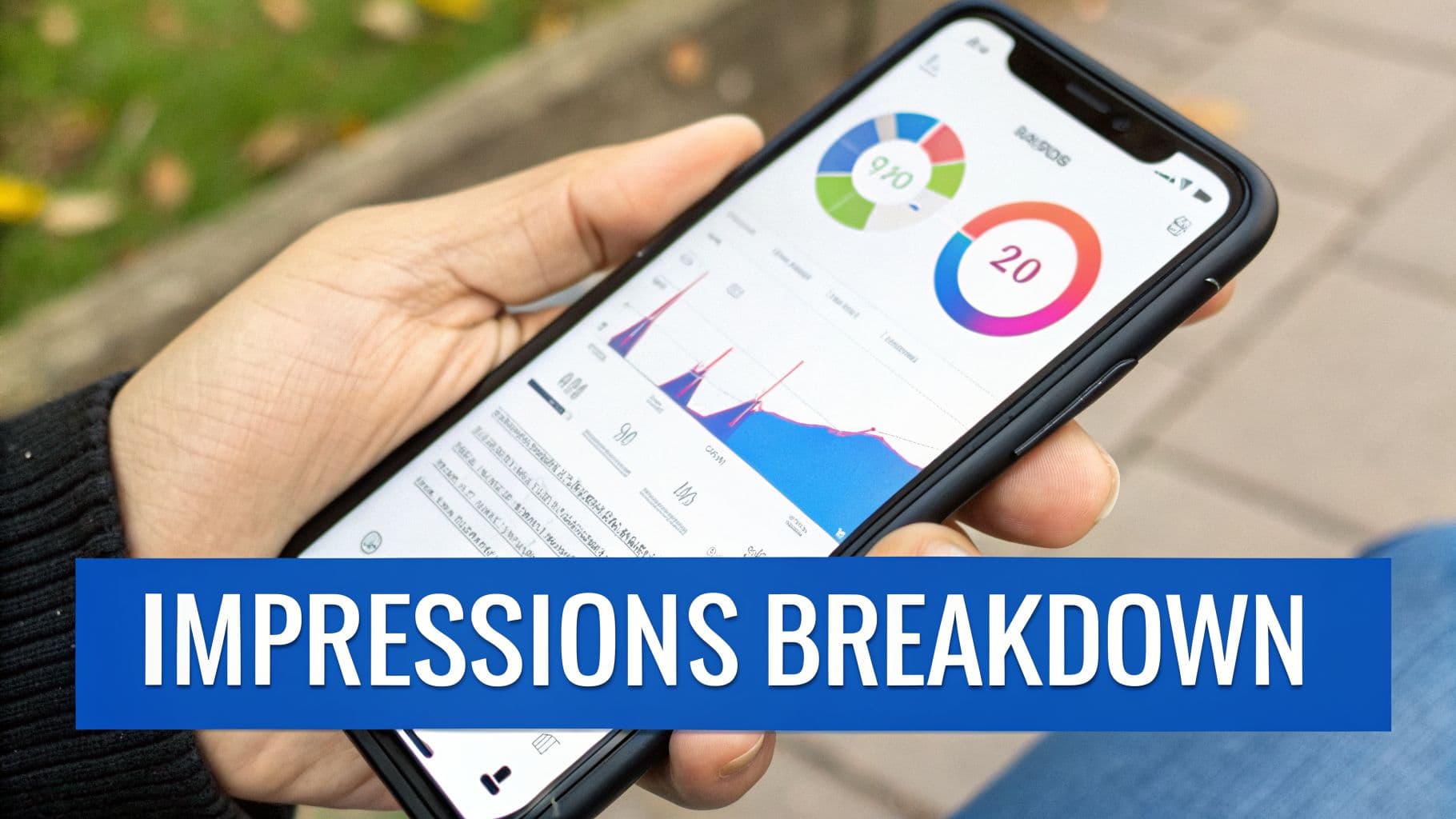 A person holds a smartphone displaying a data analytics app with colorful charts, graphs, and an 'Impressions Breakdown' overlay.