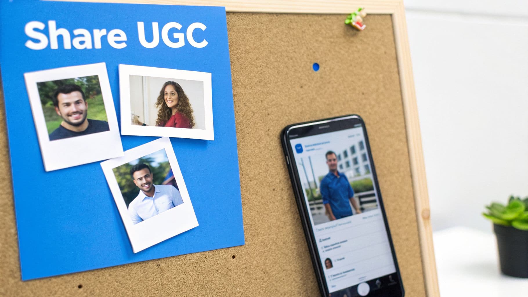 A bulletin board displays a 'Share UGC' sign with user photos and a smartphone showing a social media feed.