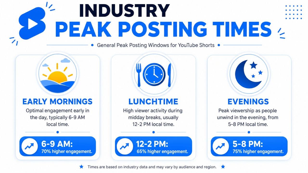 An infographic detailing the best times for YouTube Shorts, featuring early morning, lunchtime, and evening posting windows.