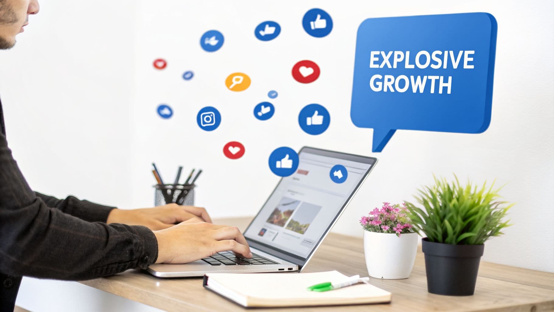 Person typing on a laptop, surrounded by social media icons and an 'EXPLOSIVE GROWTH' speech bubble.