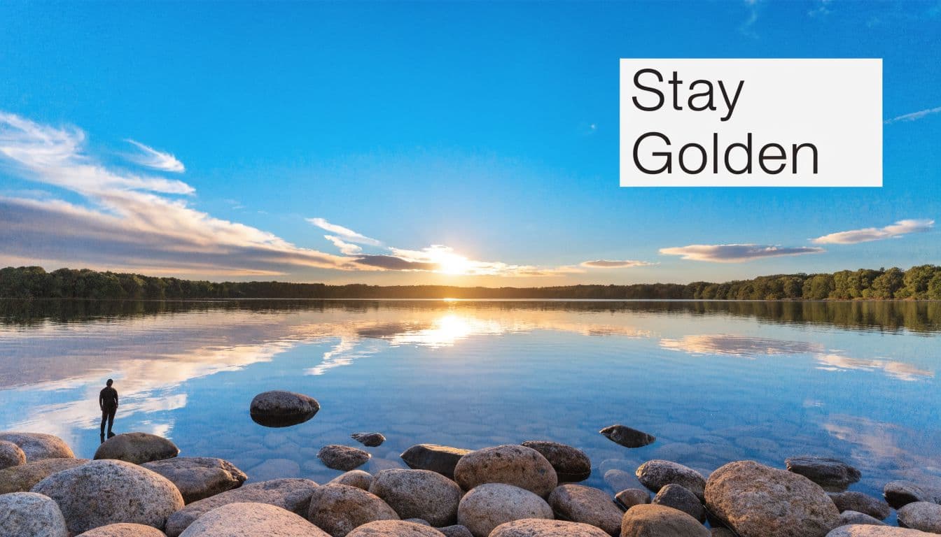 A person standing on a rocky shore watching a peaceful sunset over a calm lake.
