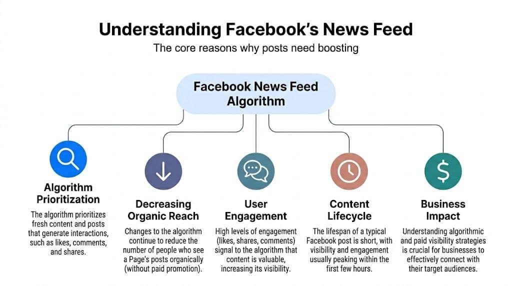 A flowchart explaining five key factors of the Facebook News Feed algorithm that necessitate paid post boosting.