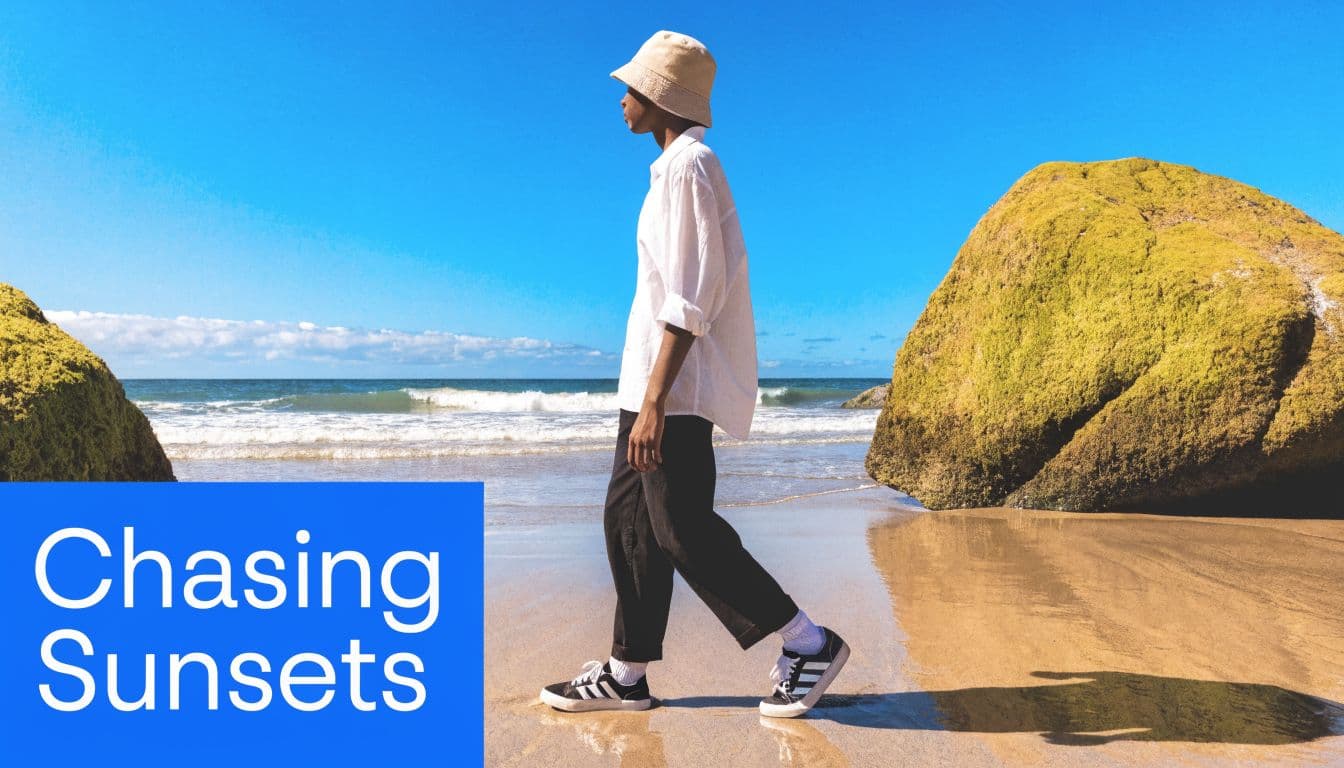 A person in a bucket hat and white shirt walking on a sandy beach during summer.